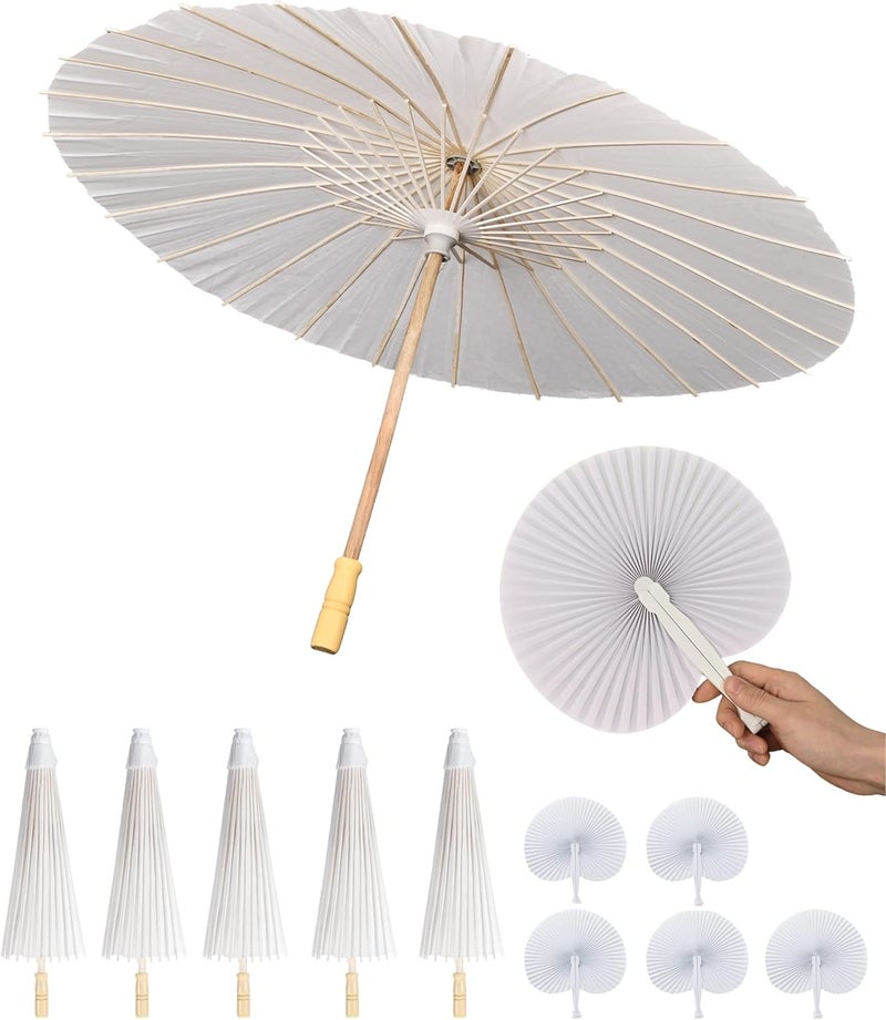 Solnique 33 Inch White Paper Umbrella with Folding Heart Fan – Chinese Japanese Style Parasol for DIY Painting, Wedding, Bridal Shower, Photography, Party Decoration - Image 1